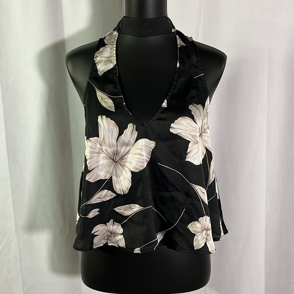 Show Me Your MuMu Black Halter Floral Satin Tank with Cream Flowers